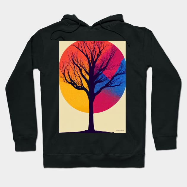 Rainbow Abstract Moon Vibrant Colored Whimsical Minimalist Lonely Tree - Bright Colorful Nature Poster Art of a Leafless Branches Hoodie by JensenArtCo